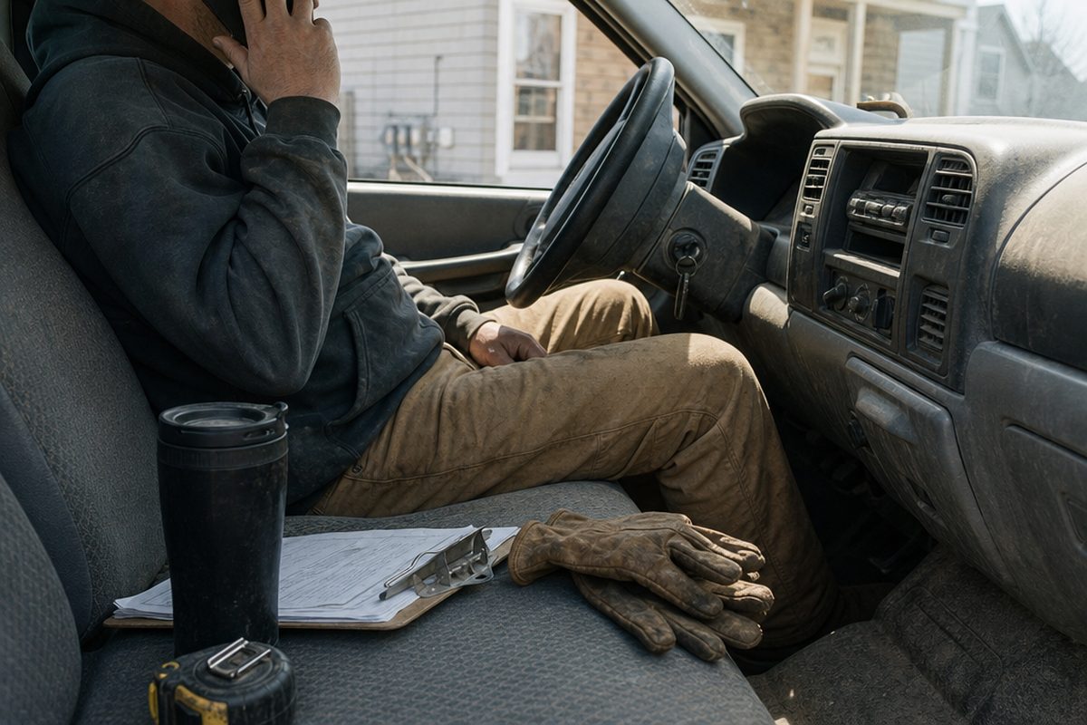 Contractor taking a call from the truck