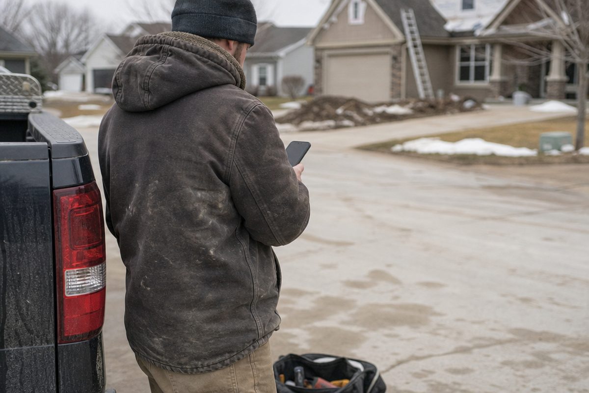 A contractor checking their phone at a job site
