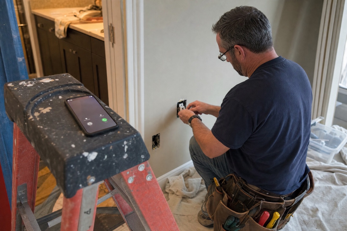 A contractor's phone showing a missed call while he works on a job site